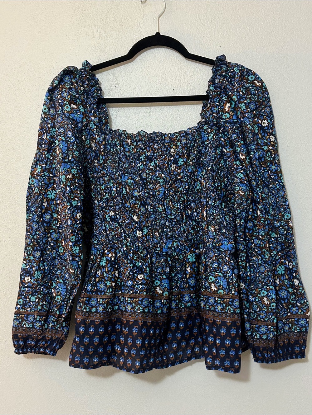 Vineyard Vines Navy Blue Fall Floral Smocked Boho Peasant Top